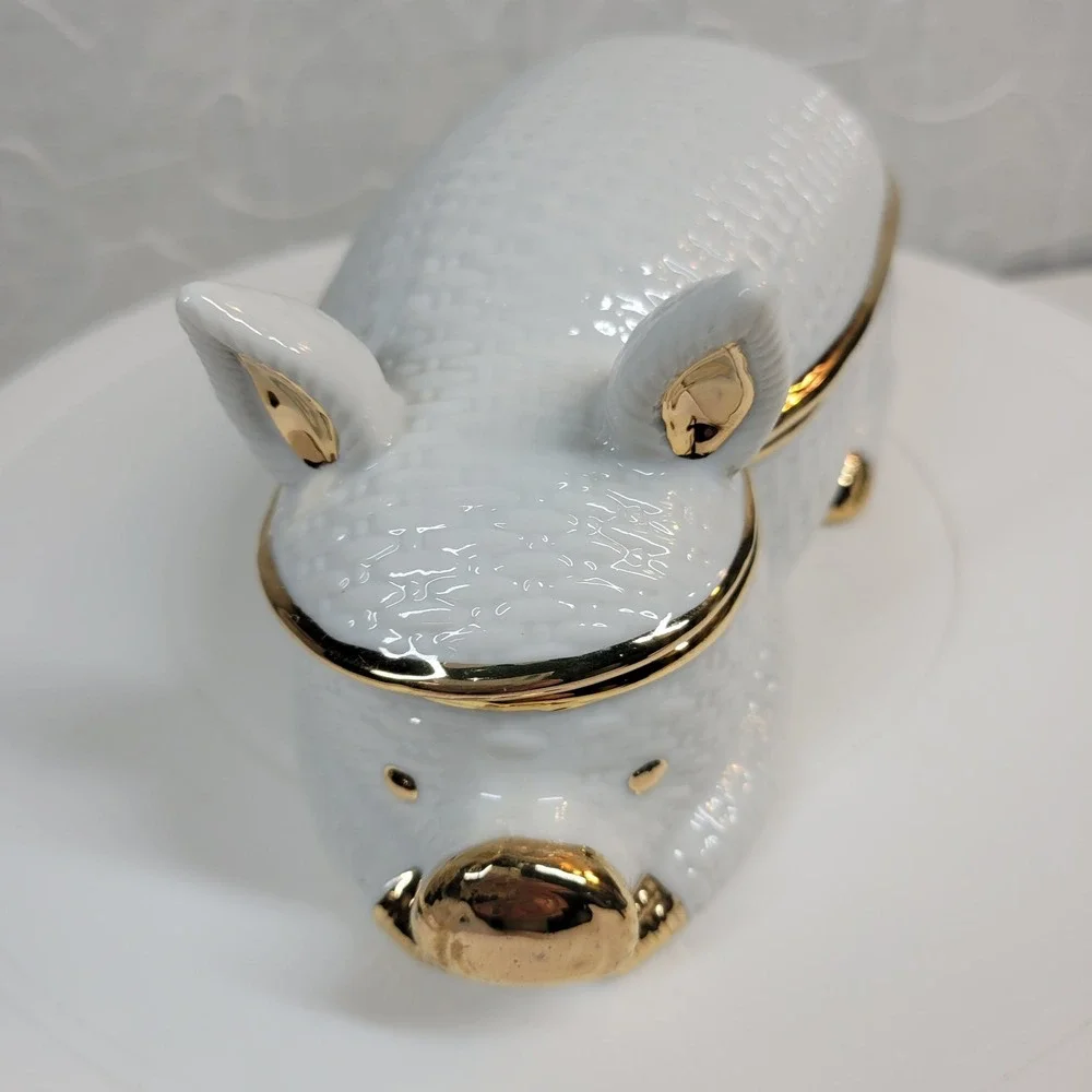 Bone China Porcelain Pig Hinged Trinket Jewelry Box w/ 18k Gold Accent